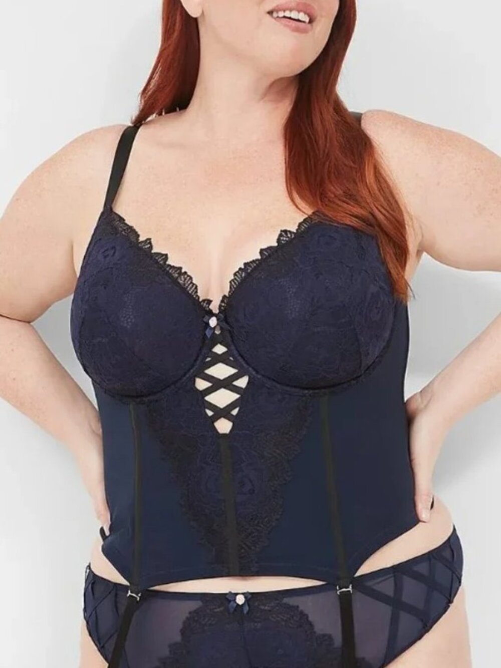 Lane Bryant Cacique Merry Widow Corset Bustier Bra Blue Black Lace 44DDD NWT